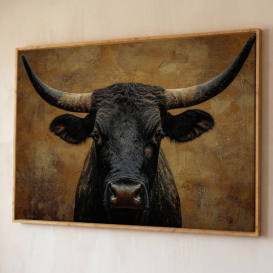 Bull Portrait Canvas Wall Art with Horns, Rustic Western Decor shown in white oak floating frame
