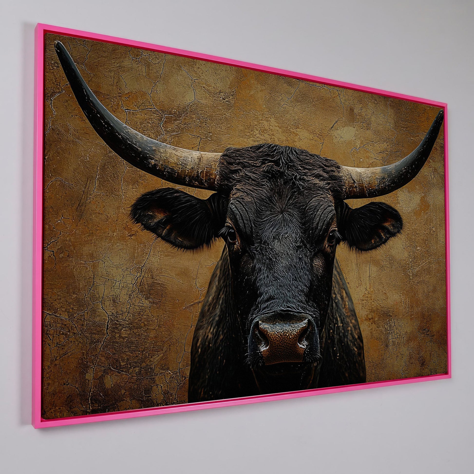 Bull Portrait Canvas Wall Art with Horns, Rustic Western Decor in pink floating frame