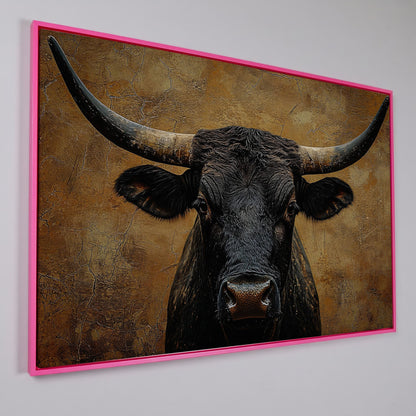 Bull Portrait Canvas Wall Art with Horns, Rustic Western Decor in pink floating frame