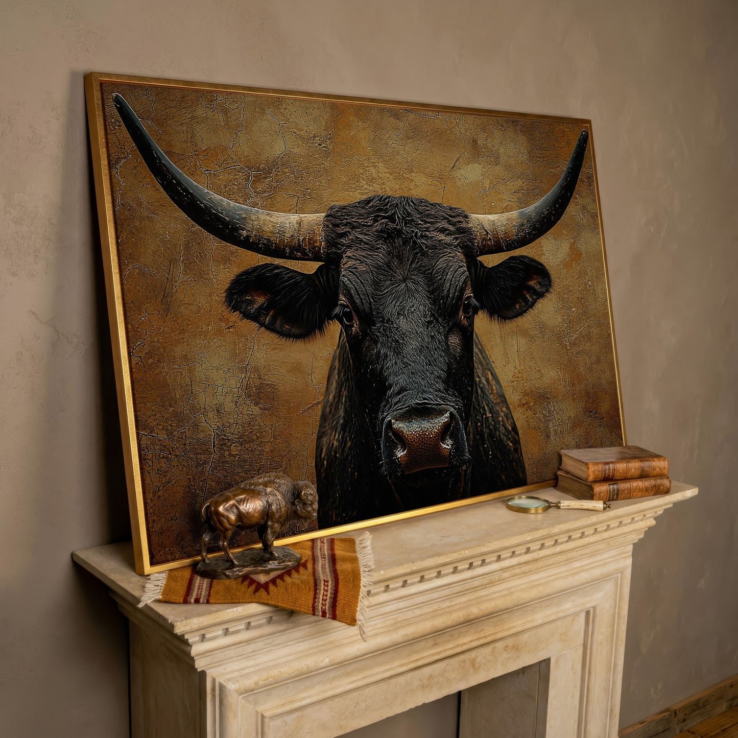 Bull Portrait Canvas Wall Art with Horns, Rustic Western Decor in rose gold floating frame
