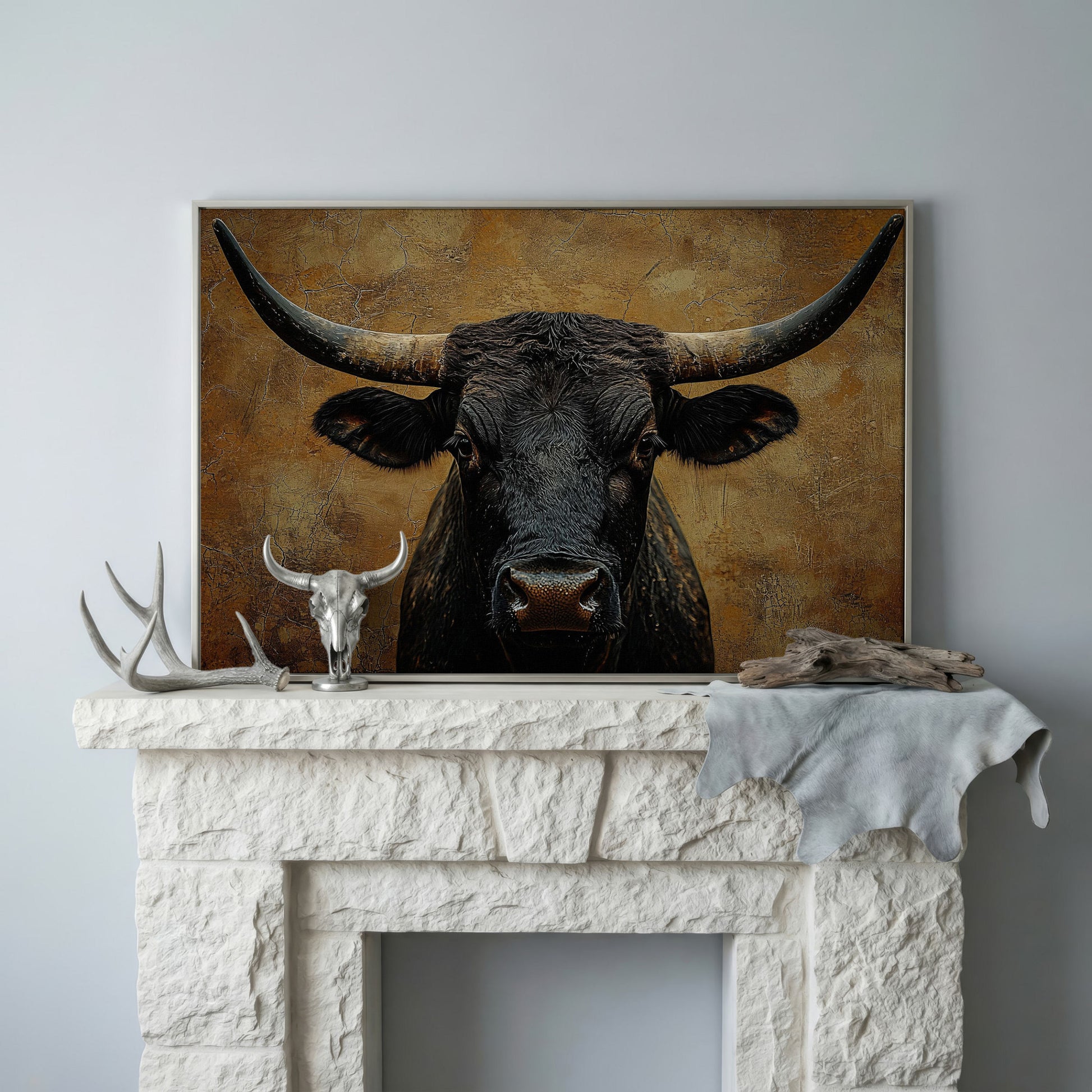 Bull Portrait Canvas Wall Art with Horns, Rustic Western Decor in silver floating frame