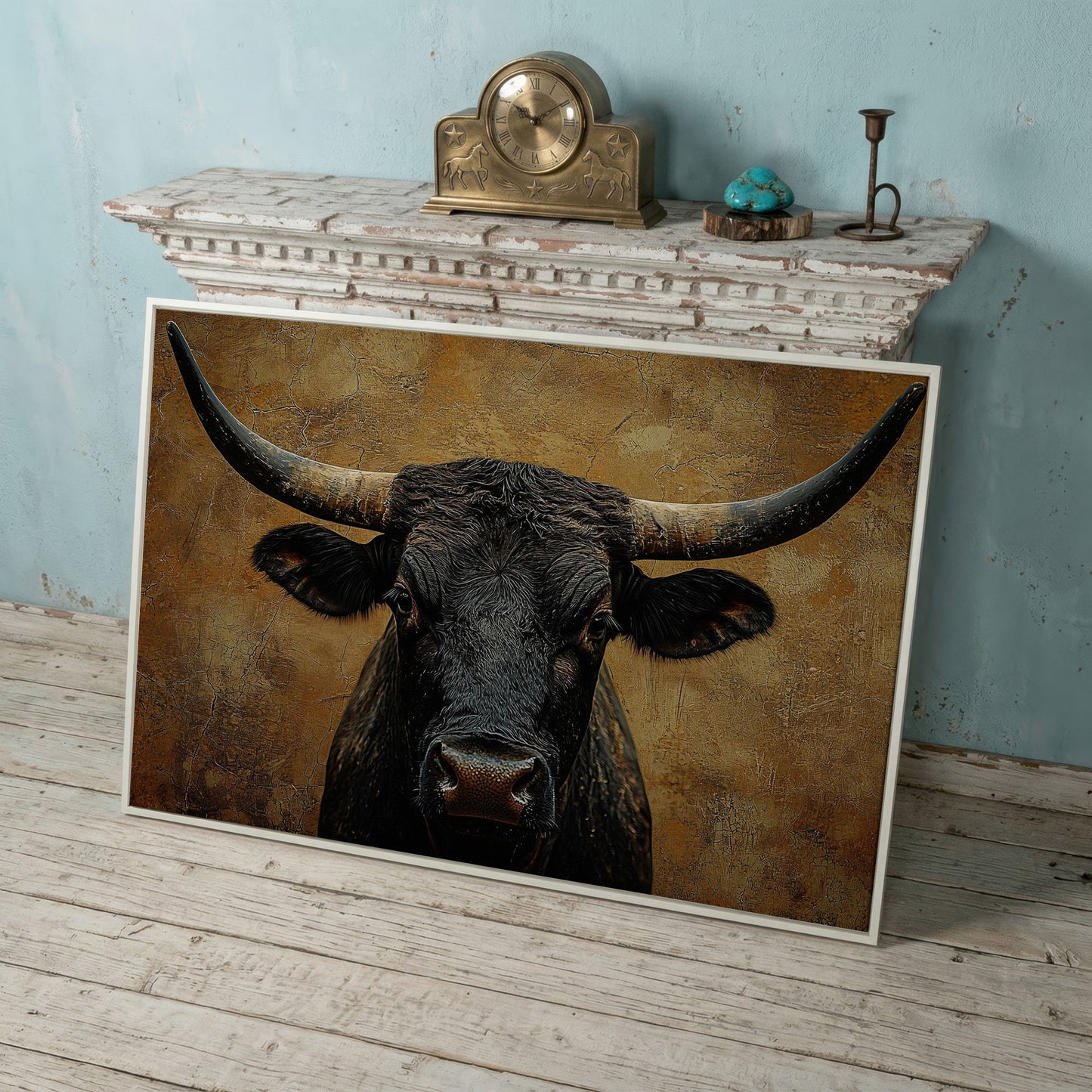 Bull Portrait Canvas Wall Art with Horns, Rustic Western Decor in white floating frame