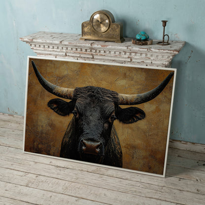 Bull Portrait Canvas Wall Art with Horns, Rustic Western Decor in white floating frame