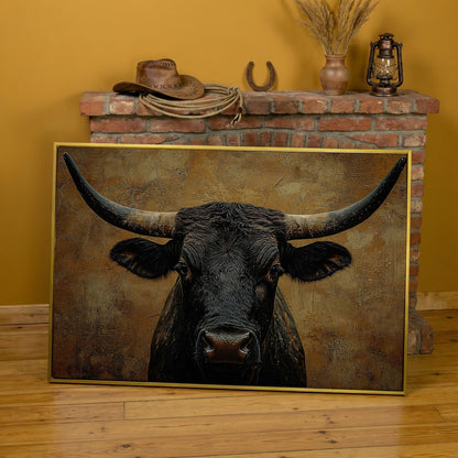 Bull Portrait Canvas Wall Art with Horns, Rustic Western Decor in yellow gold floating frame