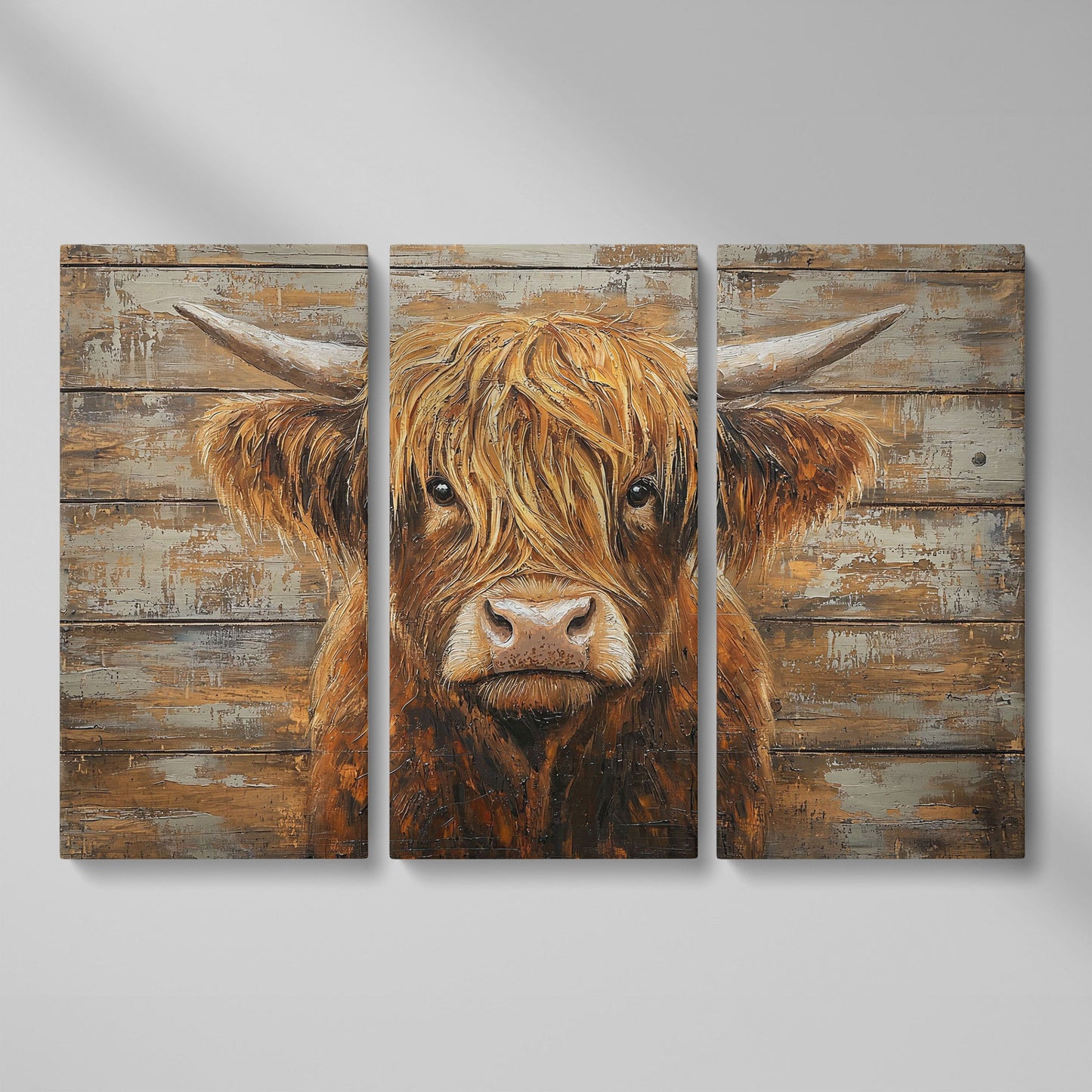 Highland Cow Close-Up Canvas Wall Art, Landscape as 3-panel split version
