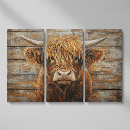 Highland Cow Close-Up Canvas Wall Art, Landscape as 3-panel split version