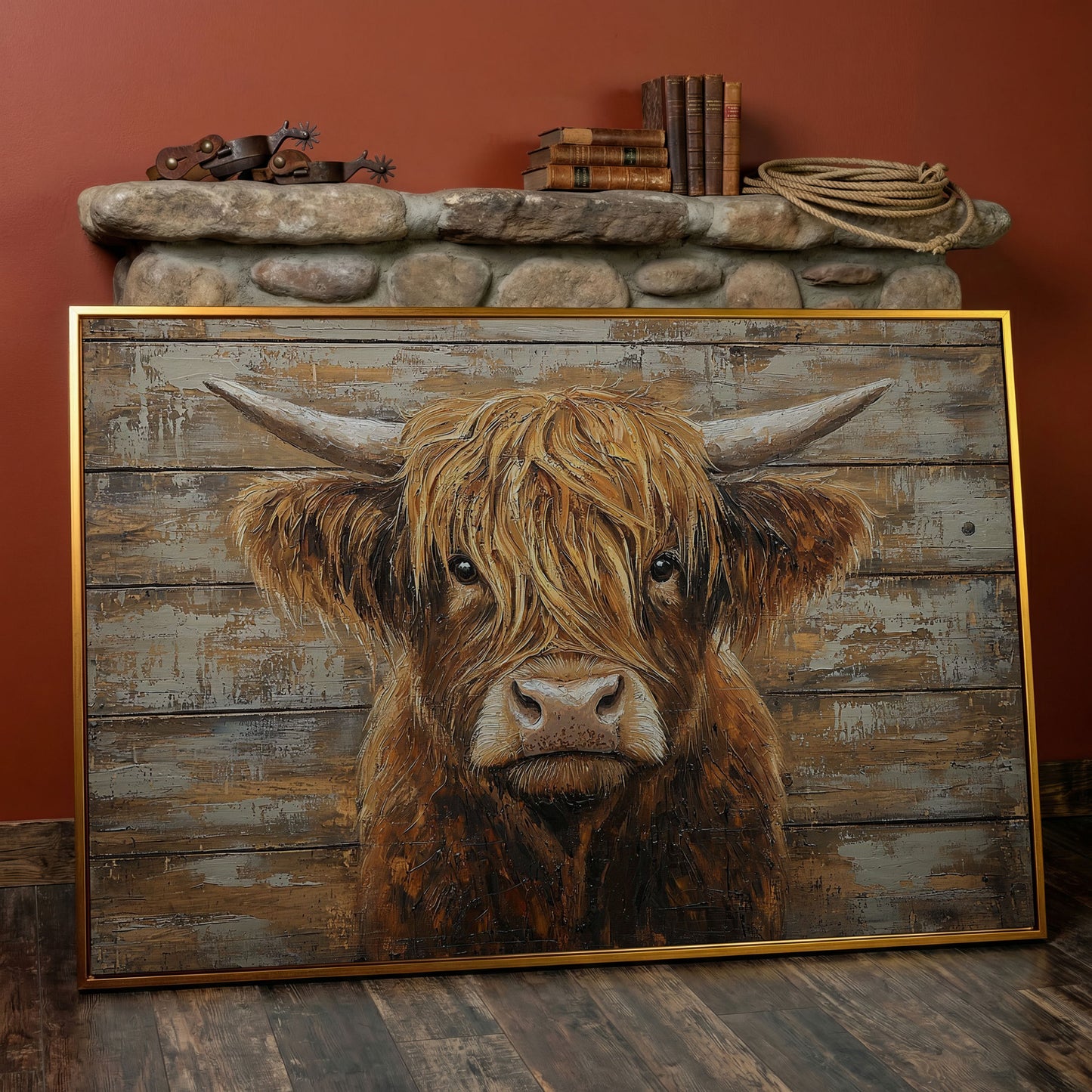 Highland Cow Close-Up Canvas Wall Art, Landscape in antique gold floating frame