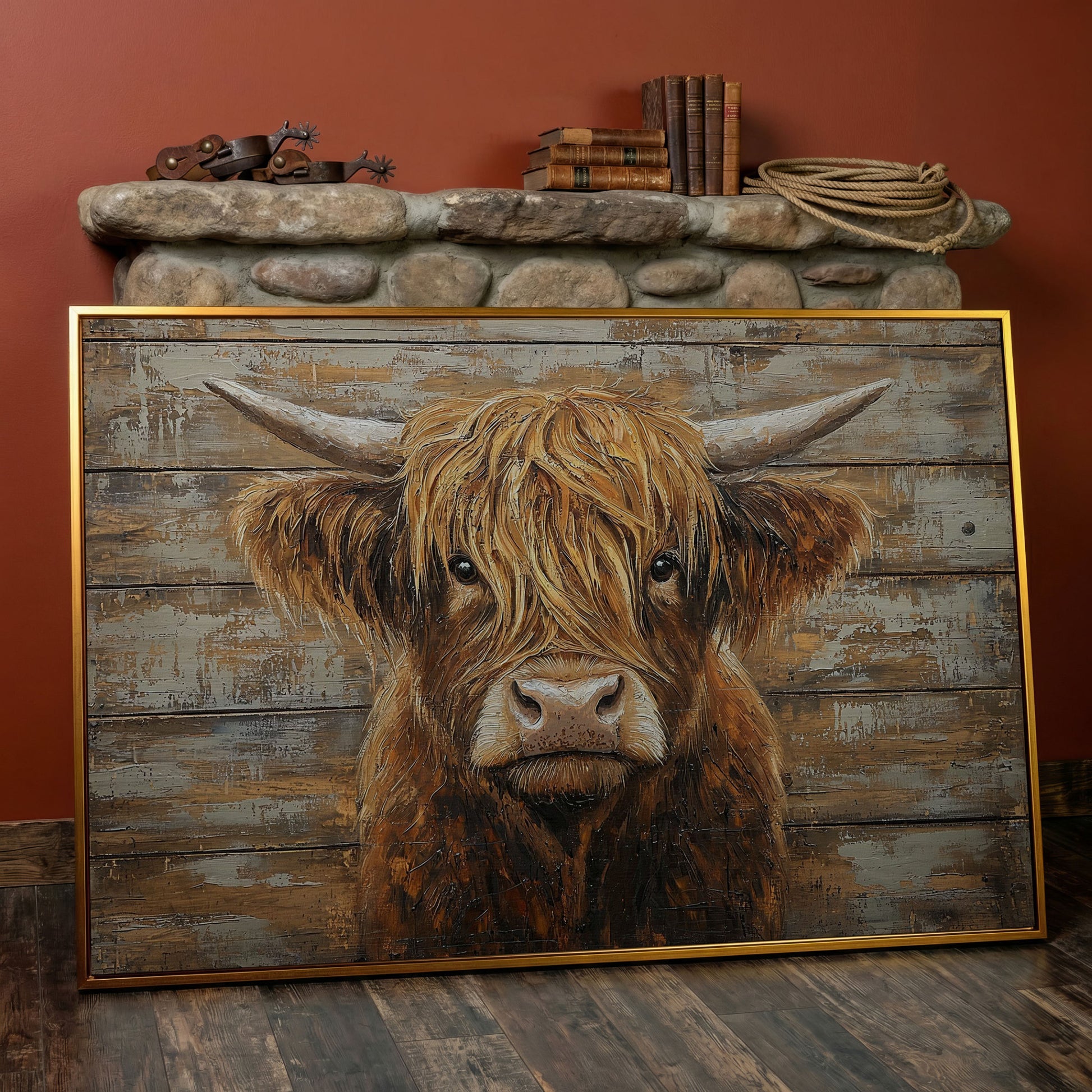 Highland Cow Close-Up Canvas Wall Art, Landscape in antique gold floating frame