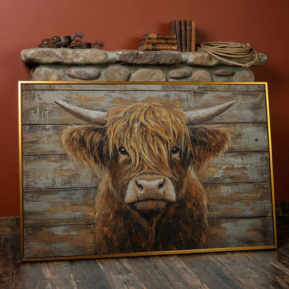 Highland Cow Close-Up Canvas Wall Art, Landscape in antique gold floating frame