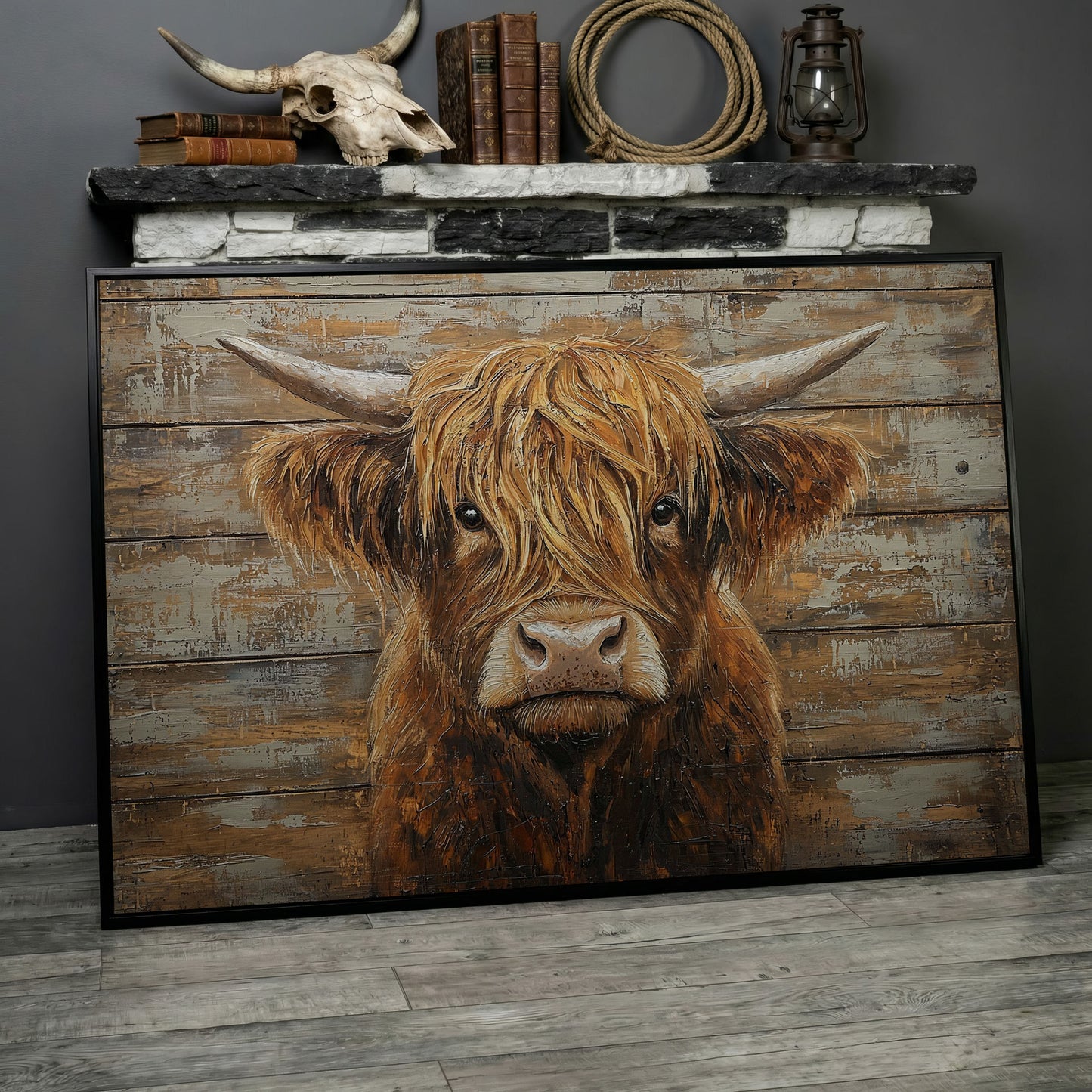 Highland Cow Close-Up Canvas Wall Art, Landscape in black floating frame