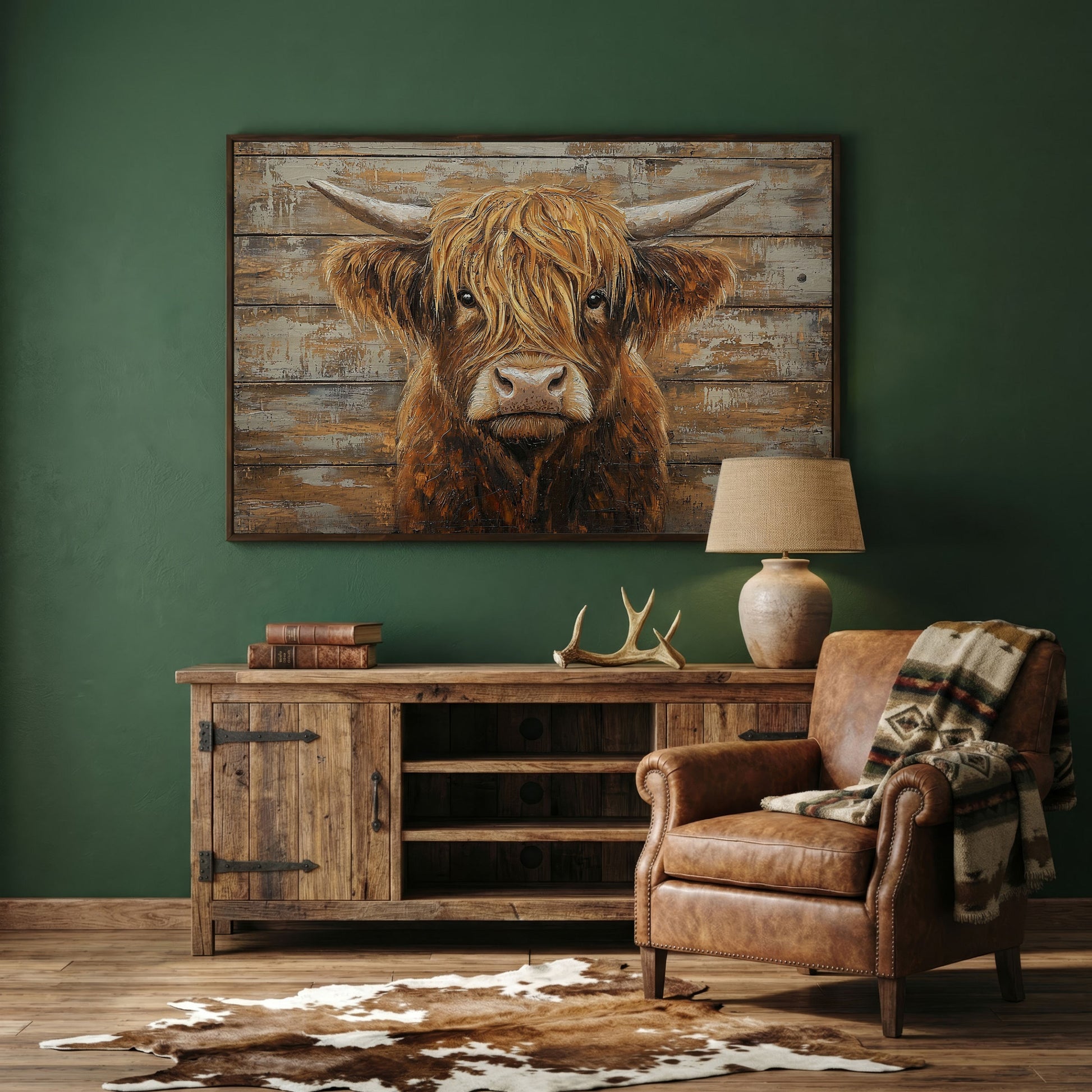 Highland Cow Close-Up Canvas Wall Art, Landscape in dark walnut floating frame