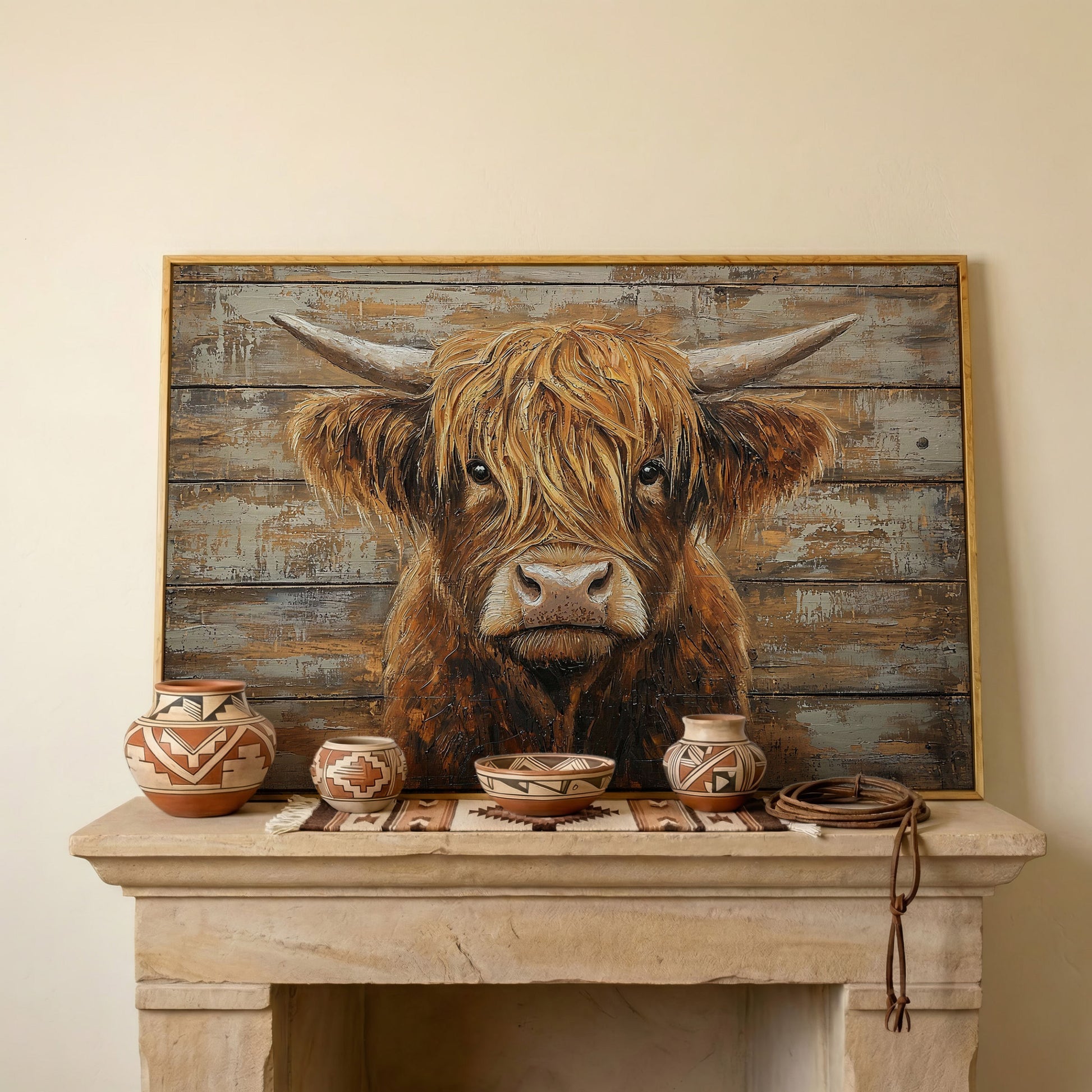 Highland Cow Close-Up Canvas Wall Art, Landscape in white oak floating frame