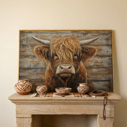 Highland Cow Close-Up Canvas Wall Art, Landscape in white oak floating frame
