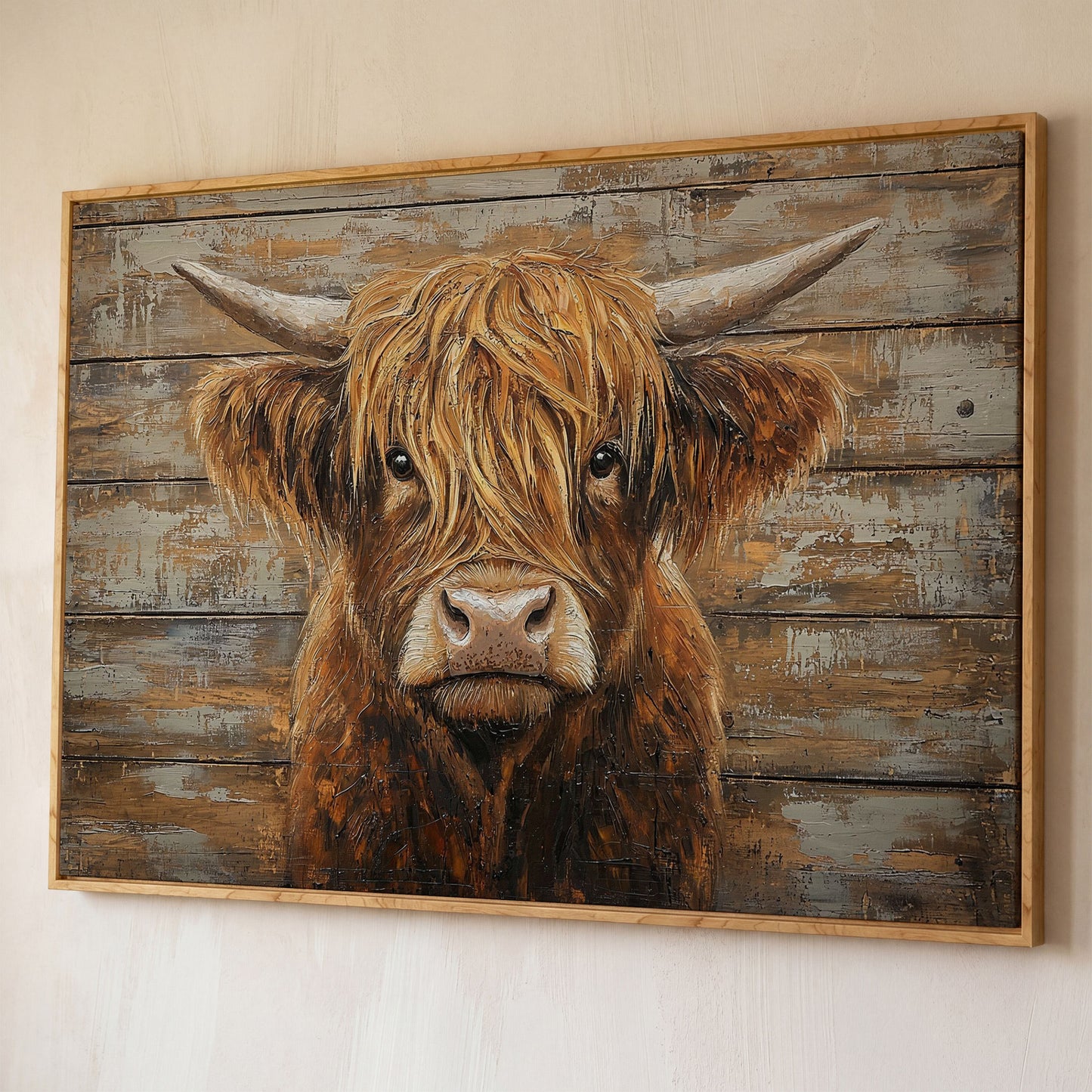 Highland Cow Close-Up Canvas Wall Art, Landscape shown in white oak floating frame