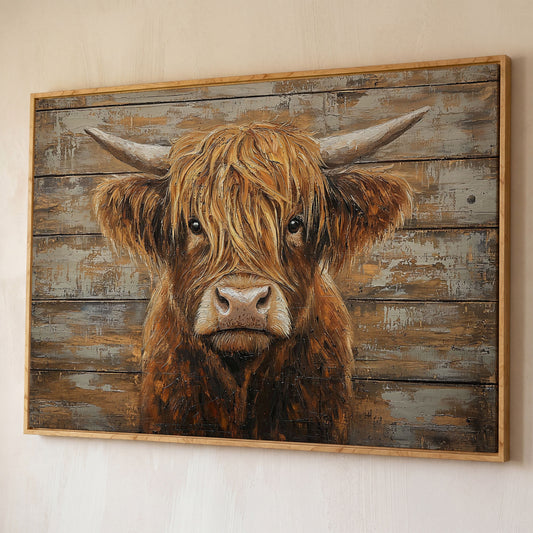 Highland Cow Close-Up Canvas Wall Art, Landscape shown in white oak floating frame