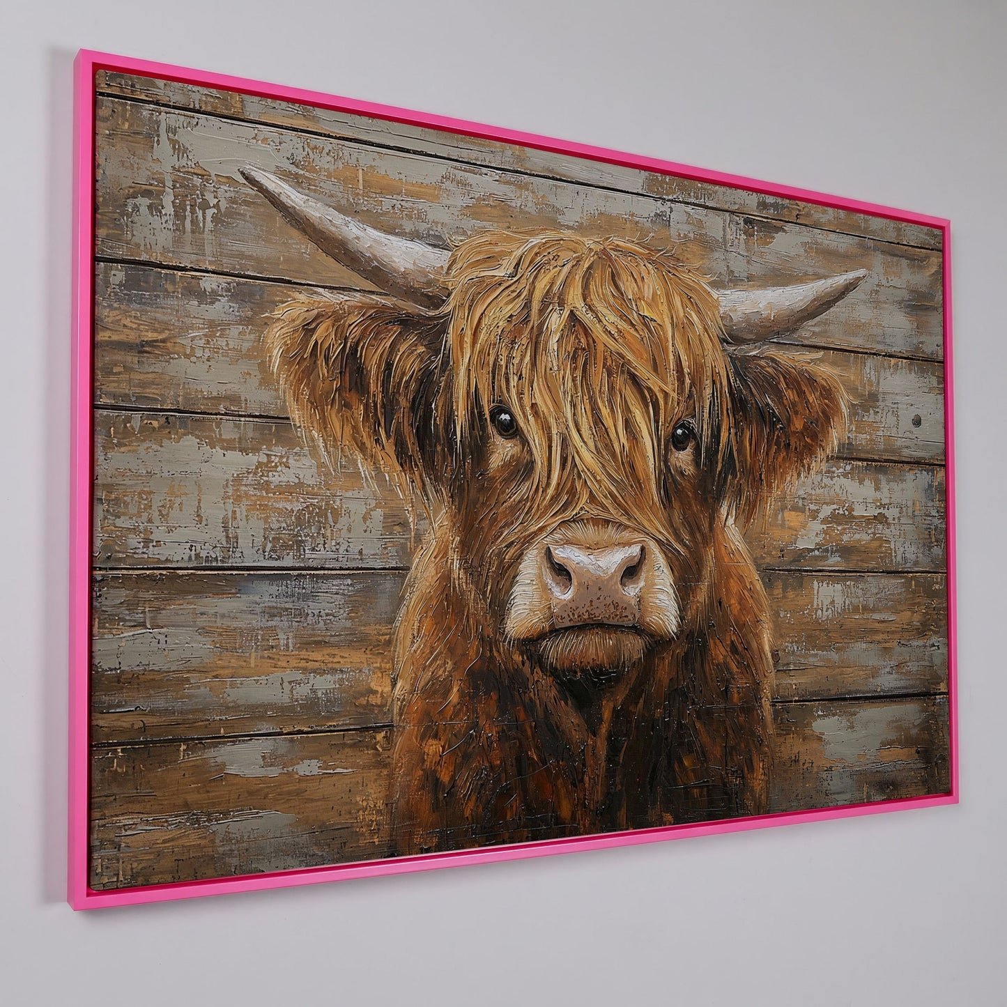 Highland Cow Close-Up Canvas Wall Art, Landscape in pink floating frame