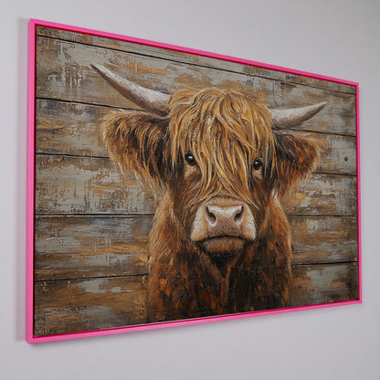 Highland Cow Close-Up Canvas Wall Art, Landscape in pink floating frame