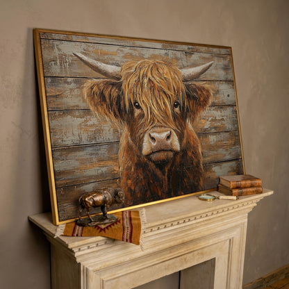 Highland Cow Close-Up Canvas Wall Art, Landscape in rose gold floating frame