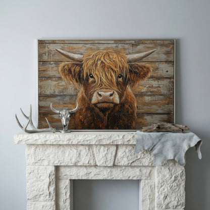 Highland Cow Close-Up Canvas Wall Art, Landscape in silver floating frame