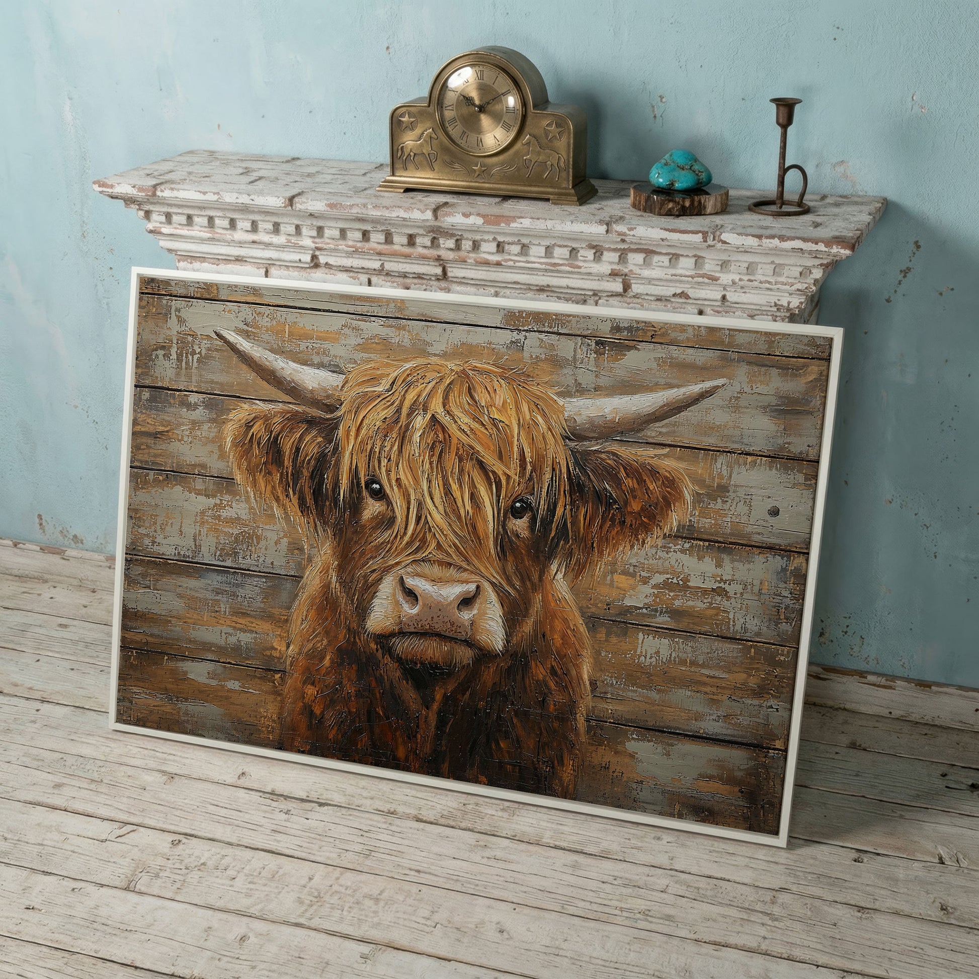 Highland Cow Close-Up Canvas Wall Art, Landscape in white floating frame