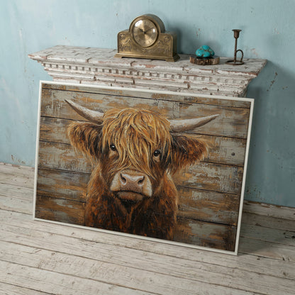 Highland Cow Close-Up Canvas Wall Art, Landscape in white floating frame