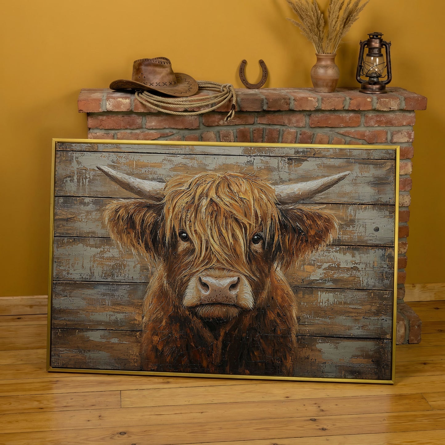Highland Cow Close-Up Canvas Wall Art, Landscape in yellow gold floating frame