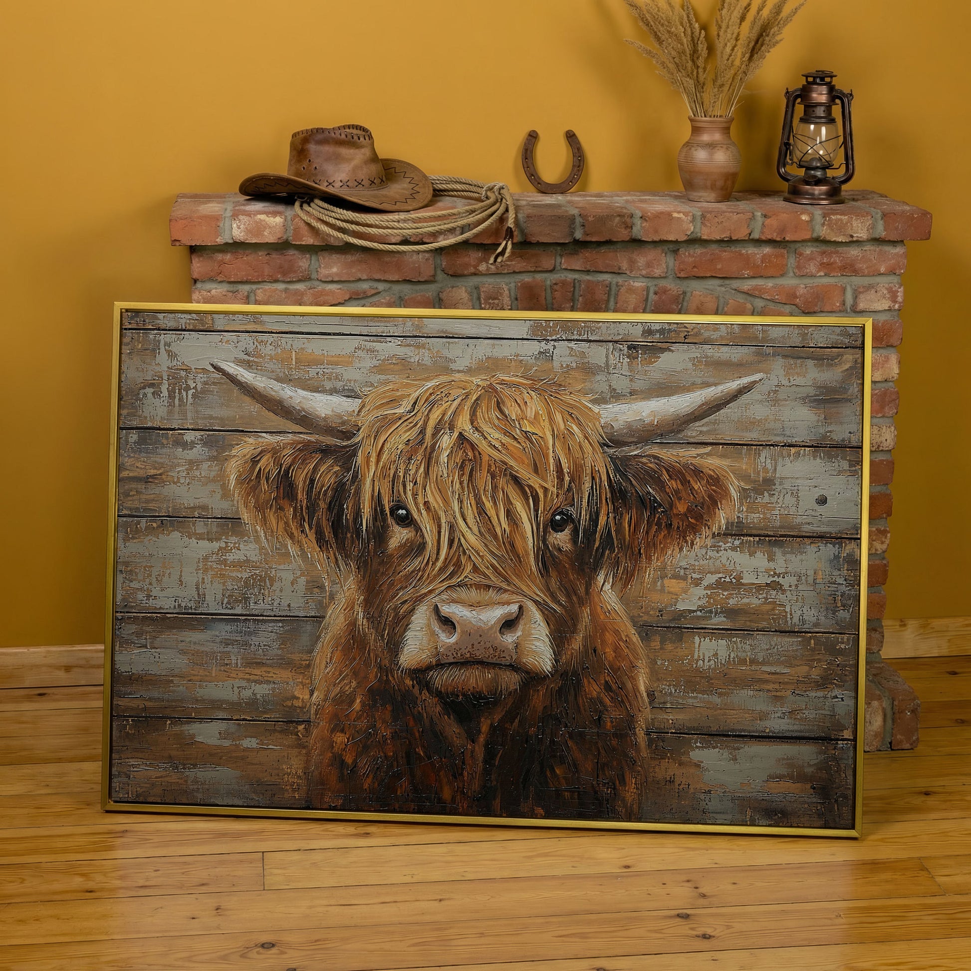 Highland Cow Close-Up Canvas Wall Art, Landscape in yellow gold floating frame