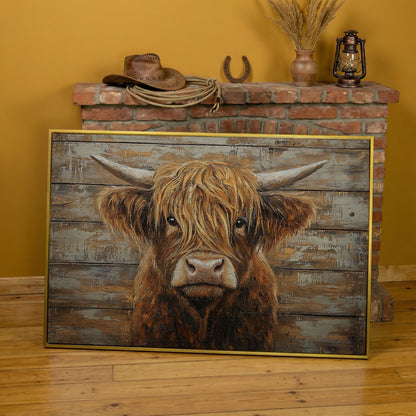 Highland Cow Close-Up Canvas Wall Art, Landscape in yellow gold floating frame