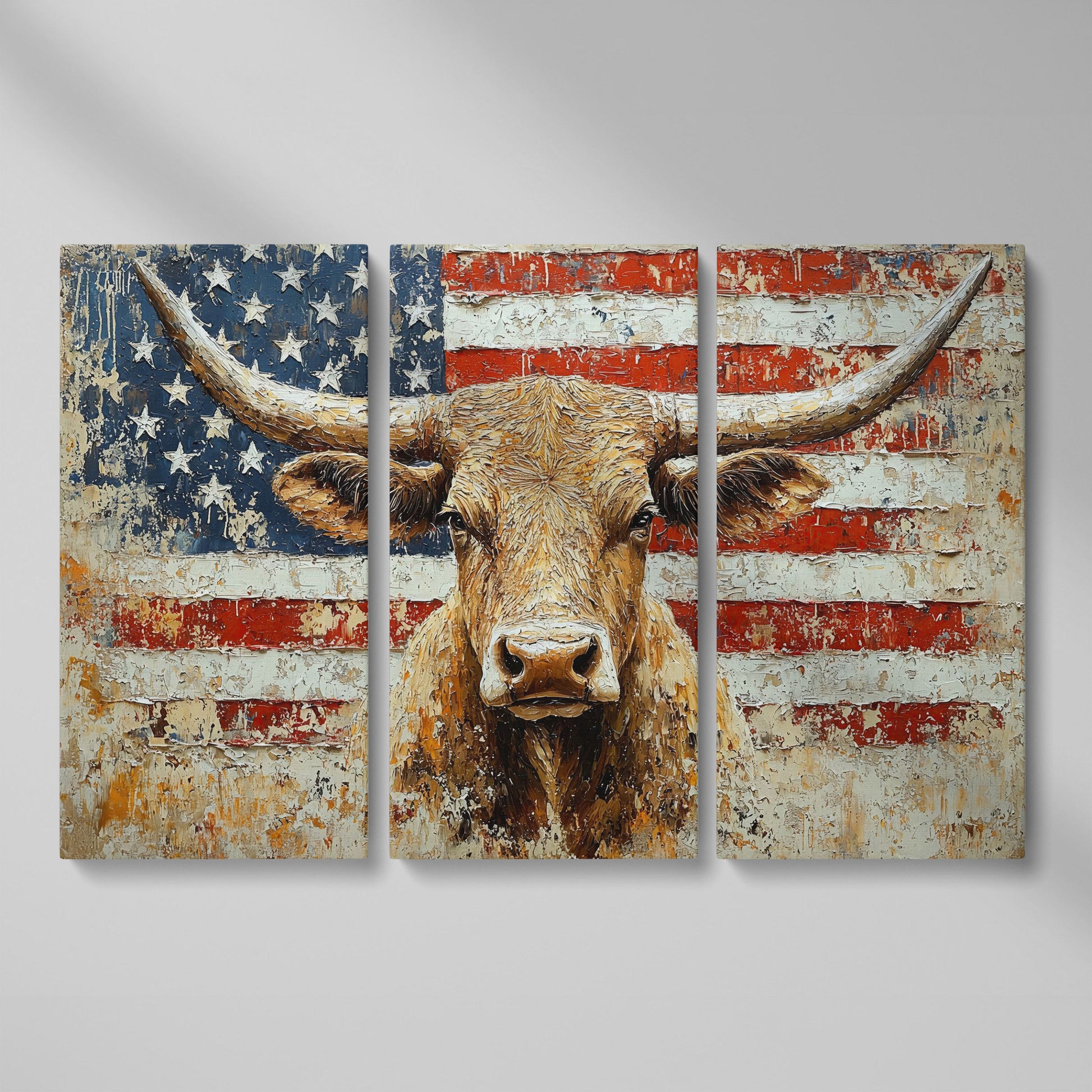 Longhorn and American Flag Canvas Wall Art. Western Statement Piece as 3-panel split version