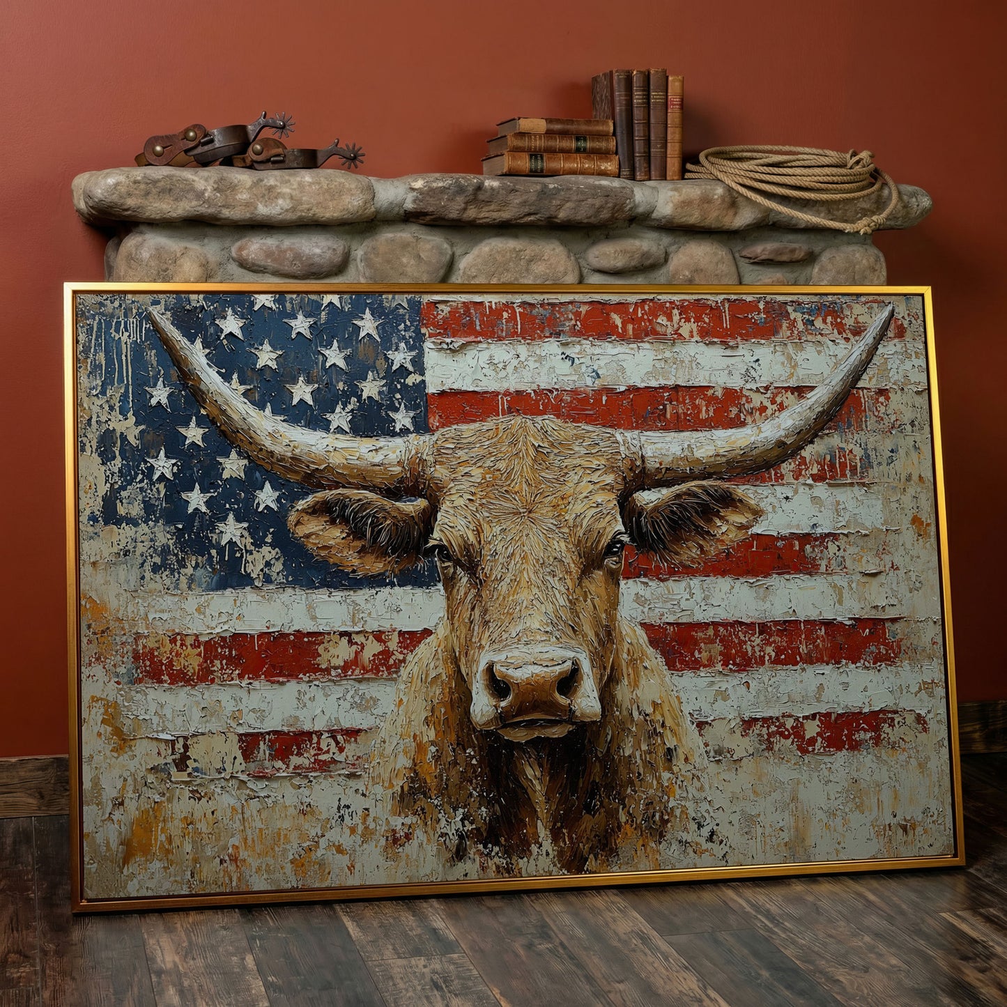 Longhorn and American Flag Canvas Wall Art. Western Statement Piece in antique gold floating frame