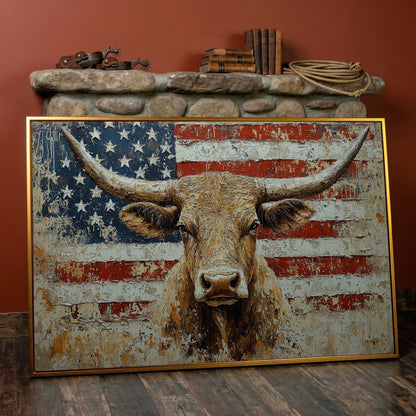Longhorn and American Flag Canvas Wall Art. Western Statement Piece in antique gold floating frame