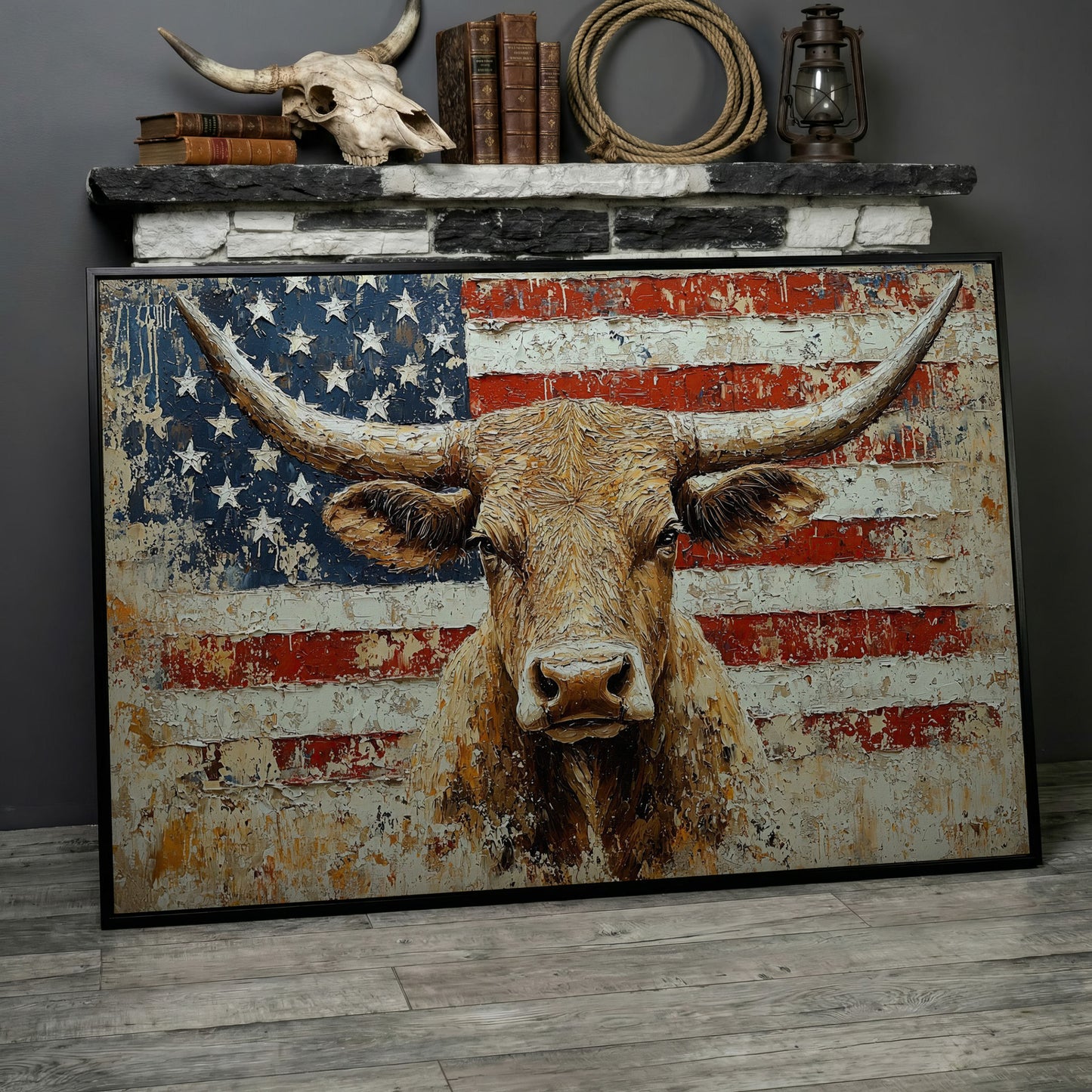 Longhorn and American Flag Canvas Wall Art. Western Statement Piece in black floating frame