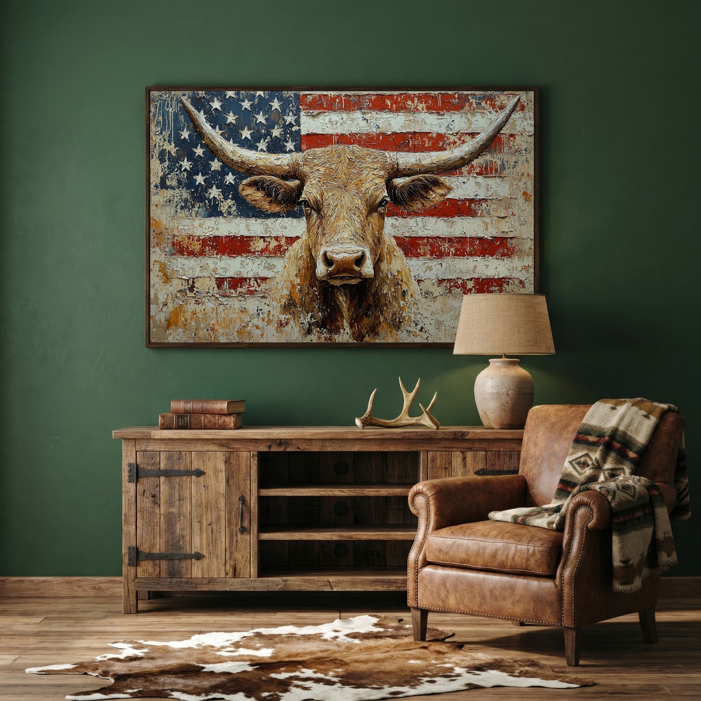 Longhorn and American Flag Canvas Wall Art. Western Statement Piece in dark walnut floating frame