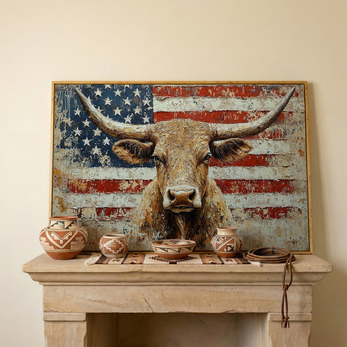 Longhorn and American Flag Canvas Wall Art. Western Statement Piece in white oak floating frame