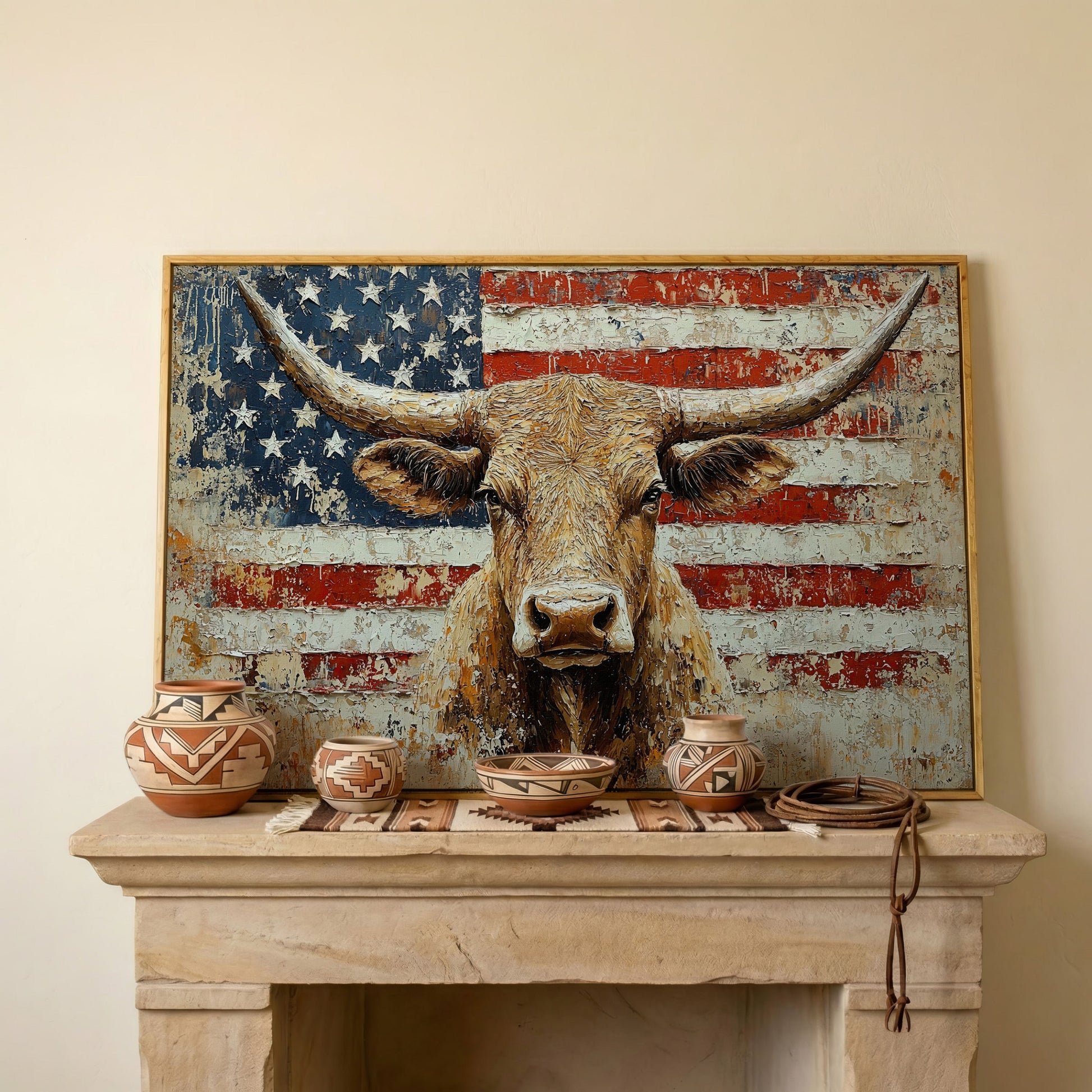 Longhorn and American Flag Canvas Wall Art. Western Statement Piece in white oak floating frame