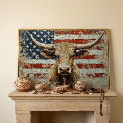 Longhorn and American Flag Canvas Wall Art. Western Statement Piece in white oak floating frame