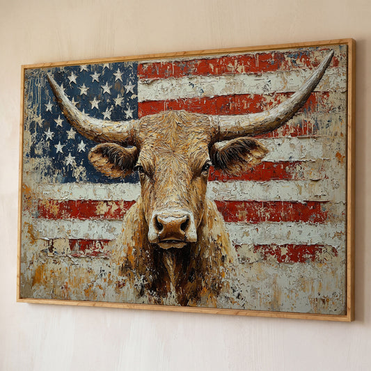 Longhorn and American Flag Canvas Wall Art. Western Statement Piece shown in white oak floating frame