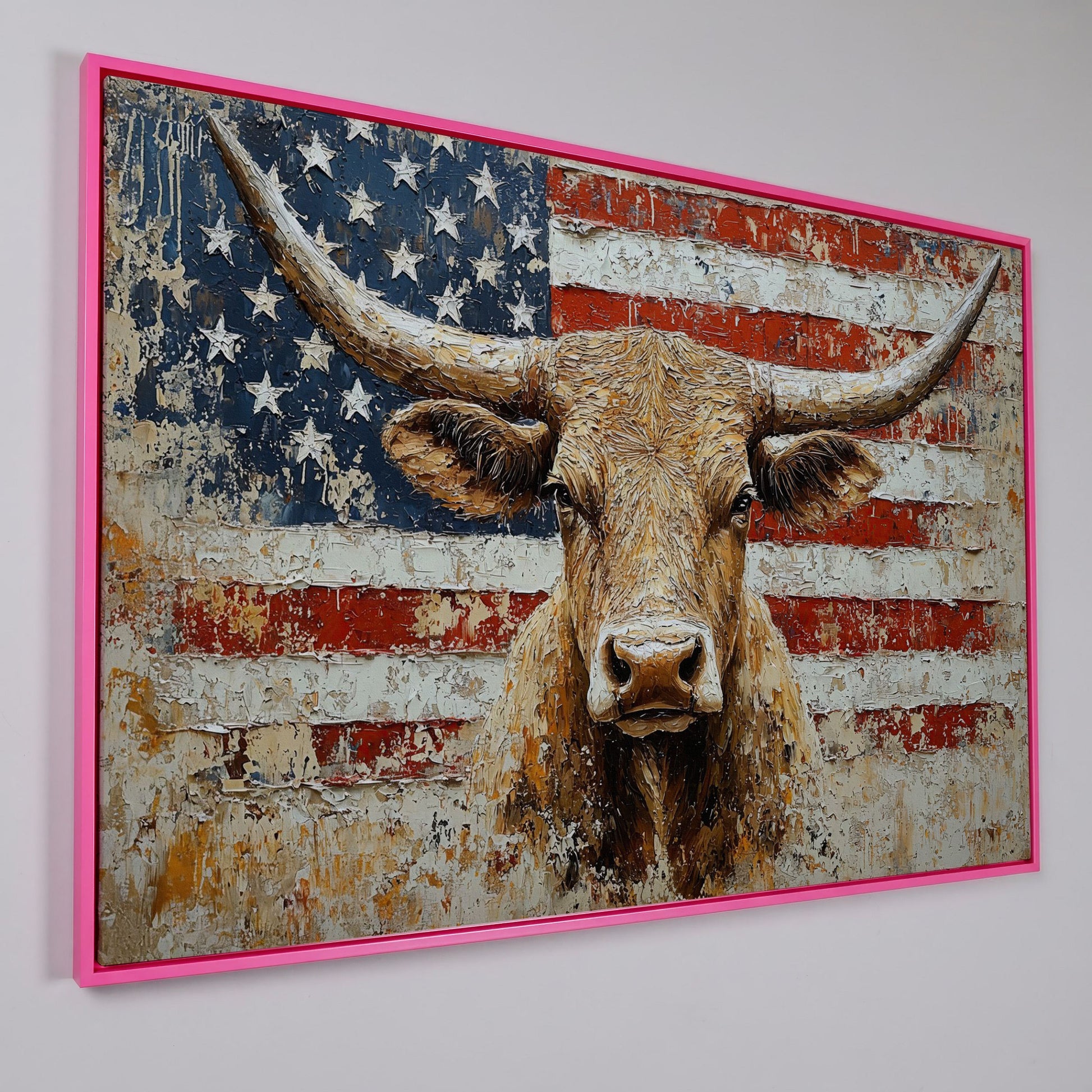 Longhorn and American Flag Canvas Wall Art. Western Statement Piece in pink floating frame