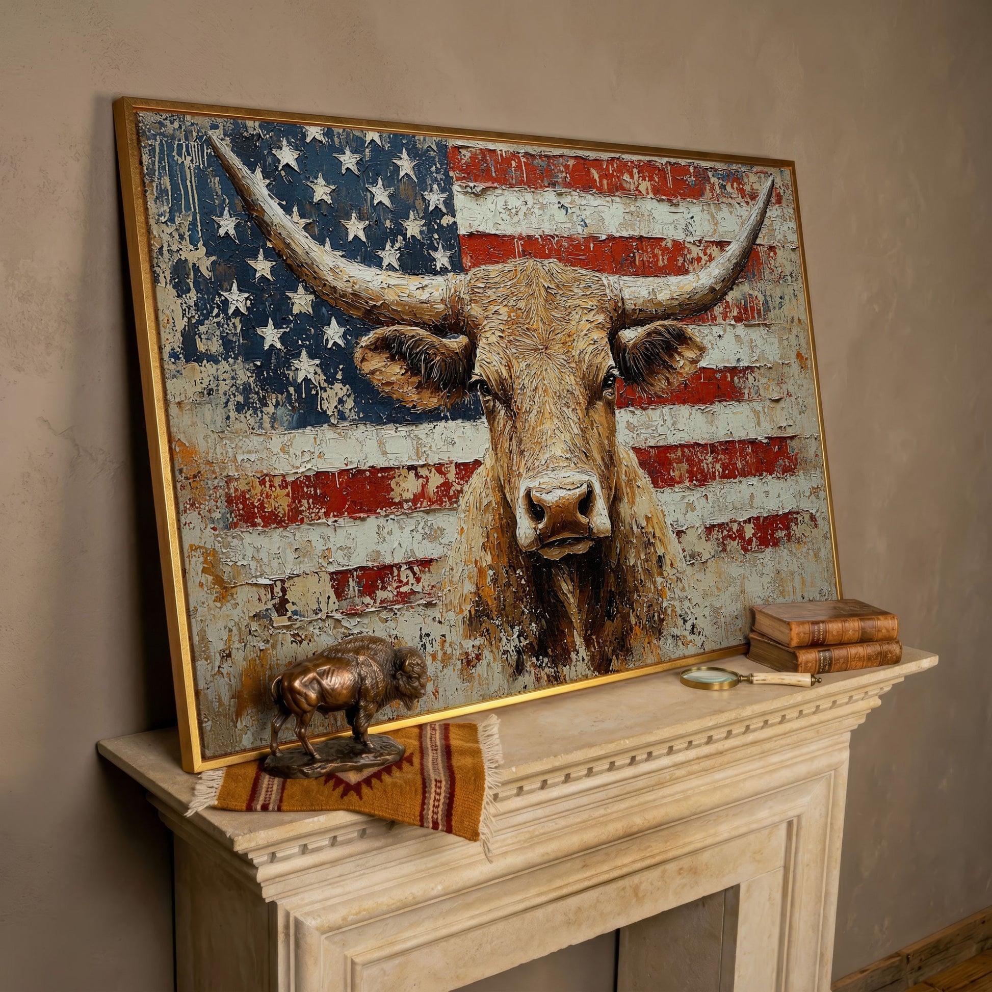 Longhorn and American Flag Canvas Wall Art. Western Statement Piece in rose gold floating frame