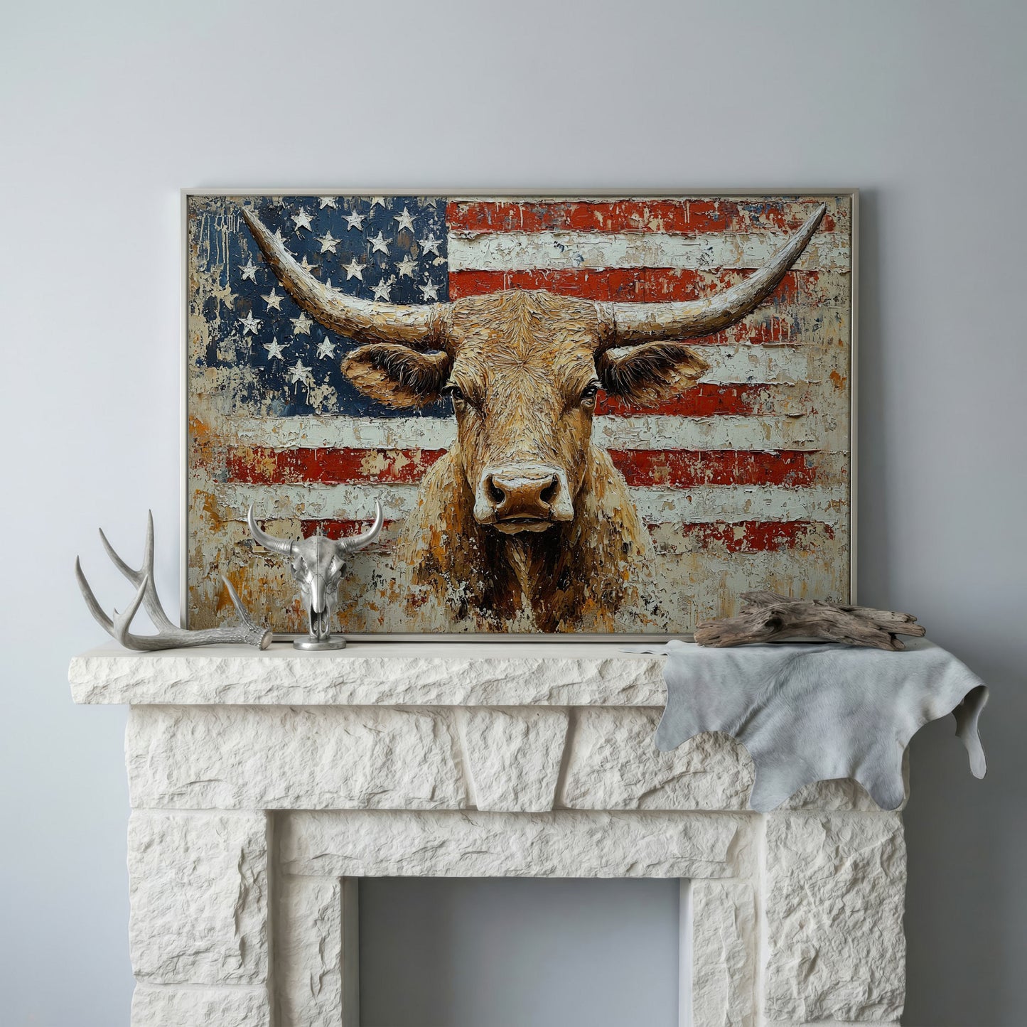 Longhorn and American Flag Canvas Wall Art. Western Statement Piece in silver floating frame