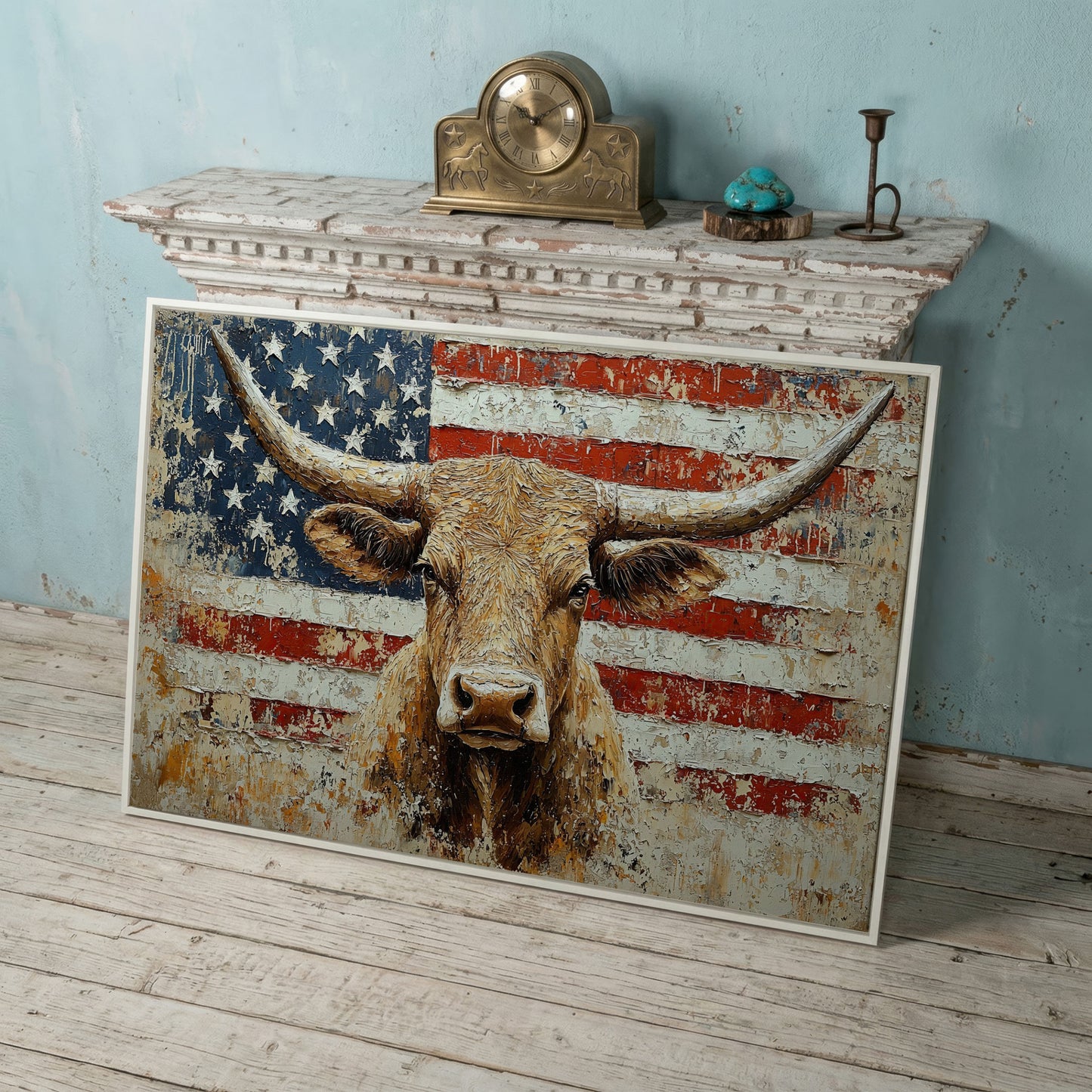 Longhorn and American Flag Canvas Wall Art. Western Statement Piece in white floating frame