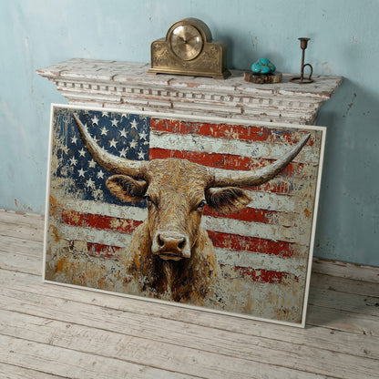 Longhorn and American Flag Canvas Wall Art. Western Statement Piece in white floating frame