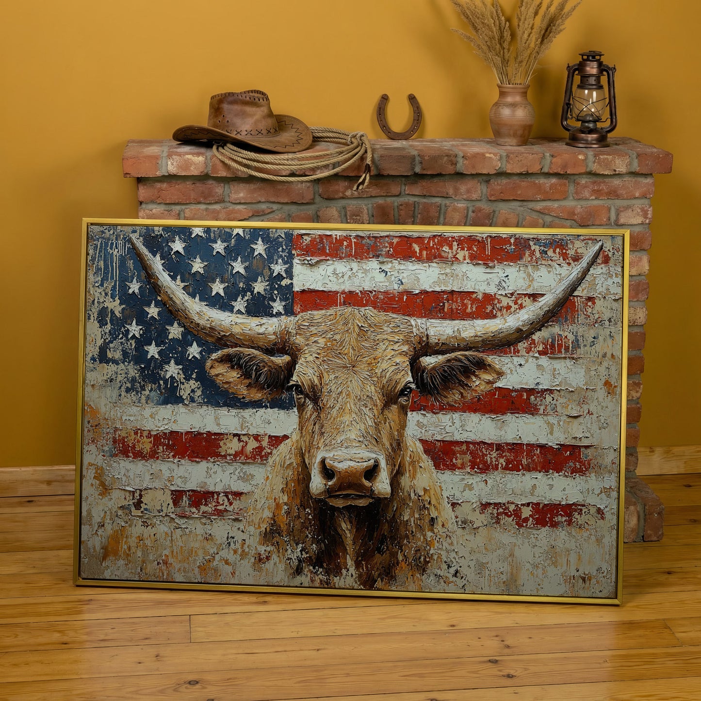 Longhorn and American Flag Canvas Wall Art. Western Statement Piece in yellow gold floating frame