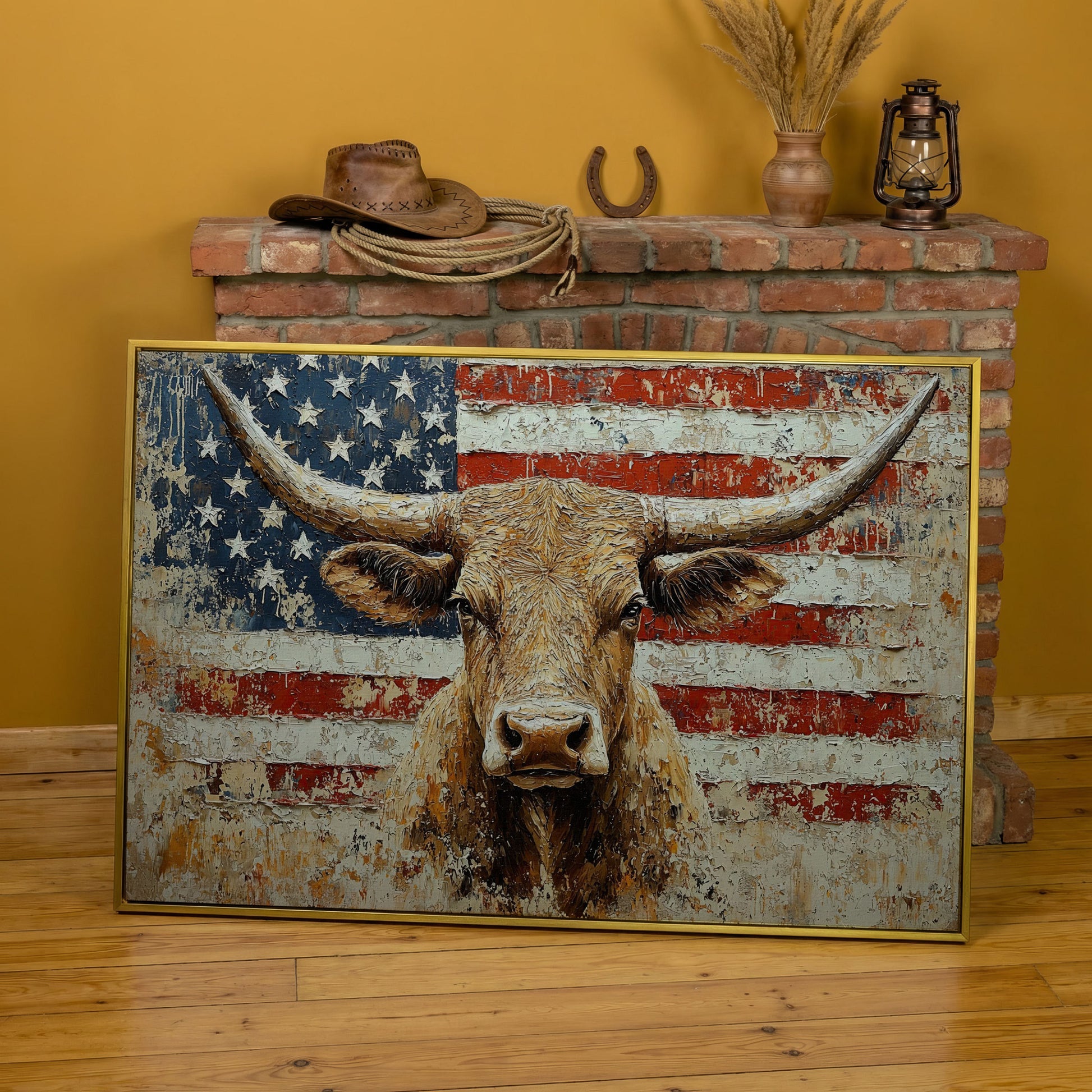 Longhorn and American Flag Canvas Wall Art. Western Statement Piece in yellow gold floating frame