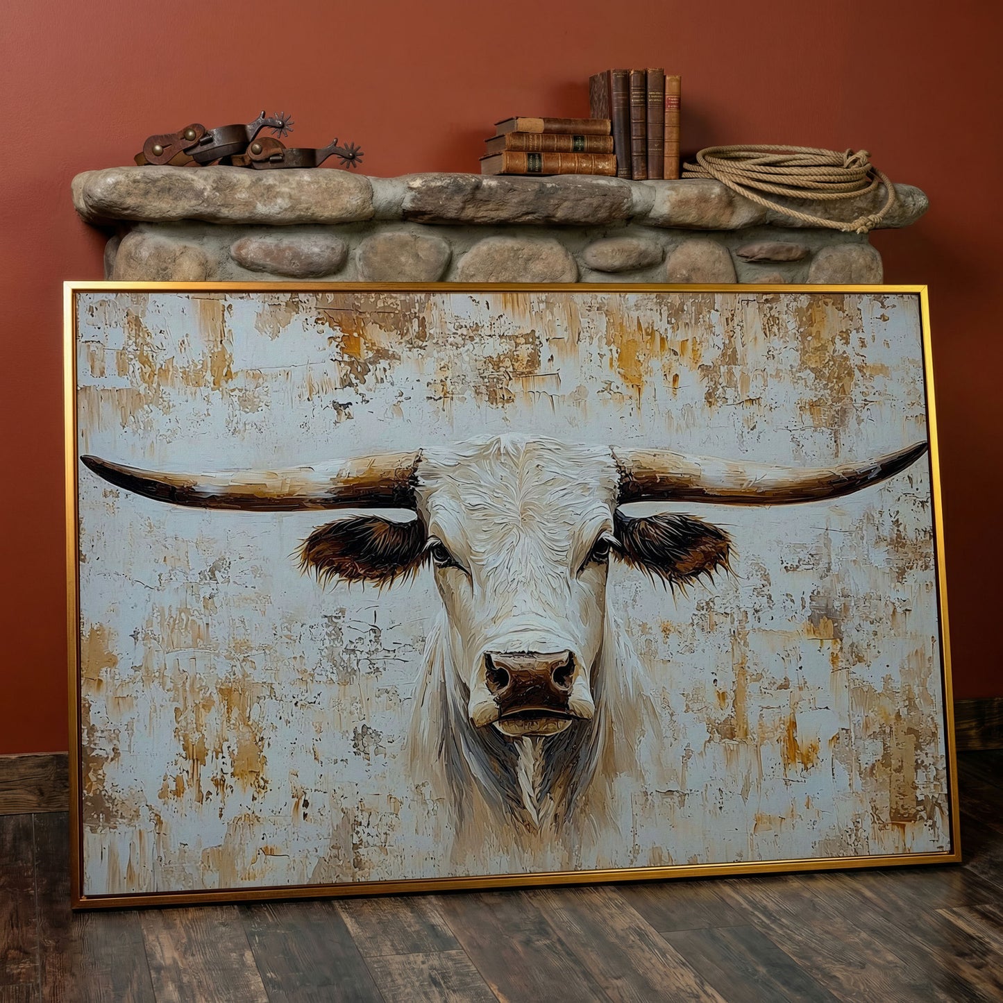 White Longhorn Bull Close-Up Canvas Wall Art in antique gold floating frame