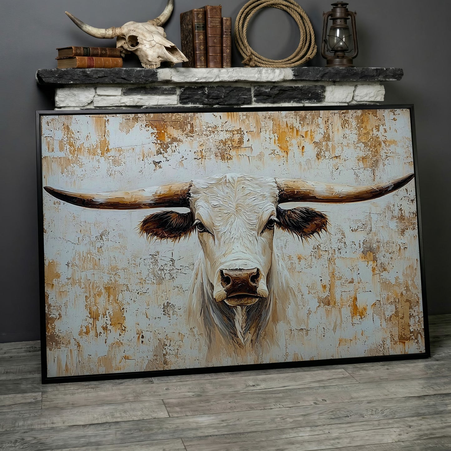 White Longhorn Bull Close-Up Canvas Wall Art in black floating frame