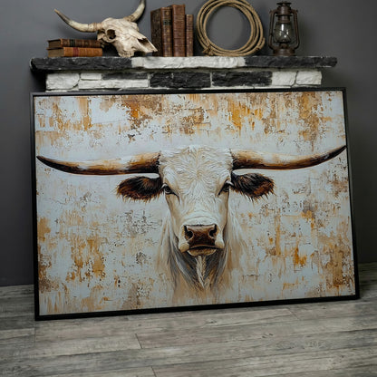White Longhorn Bull Close-Up Canvas Wall Art in black floating frame