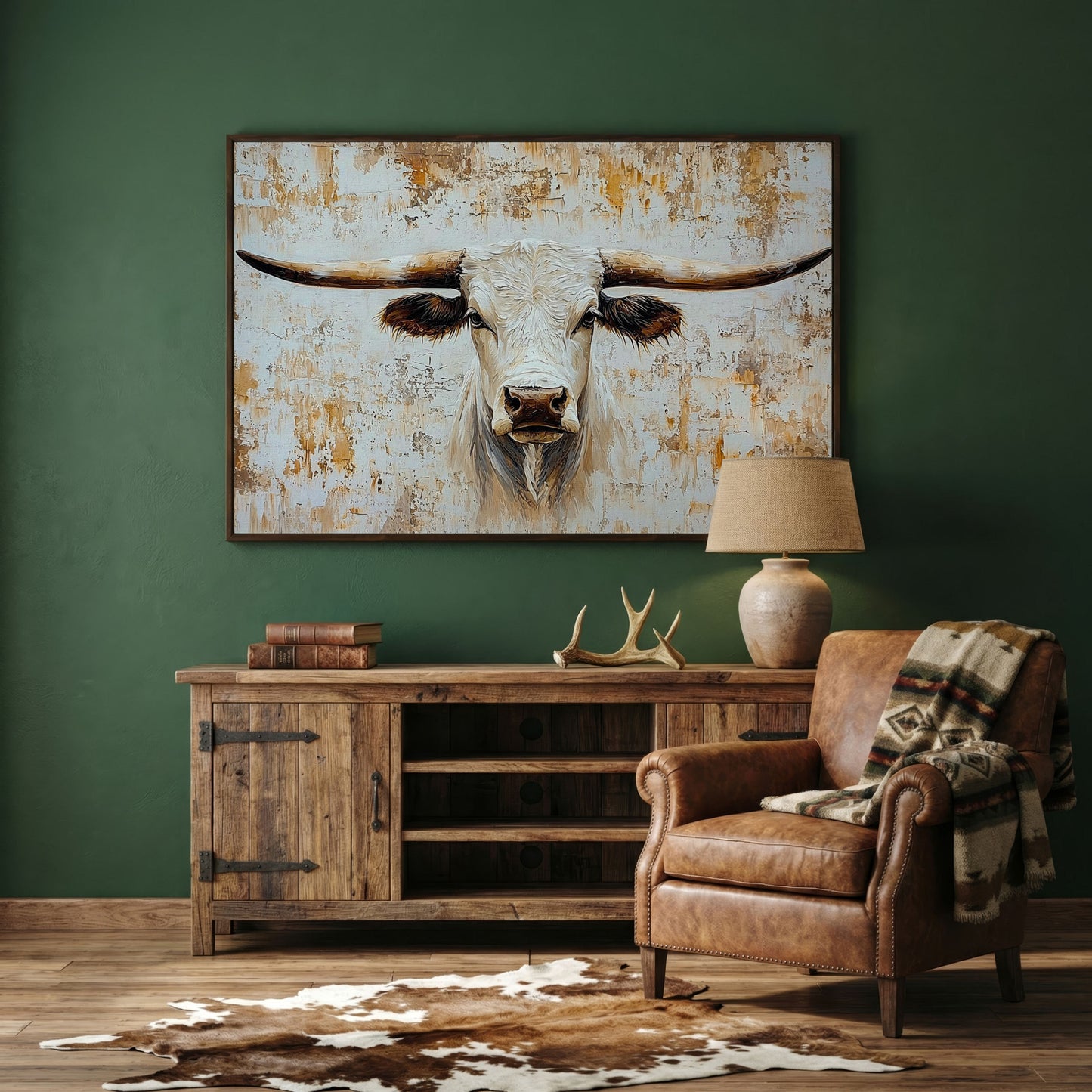 White Longhorn Bull Close-Up Canvas Wall Art in dark walnut floating frame