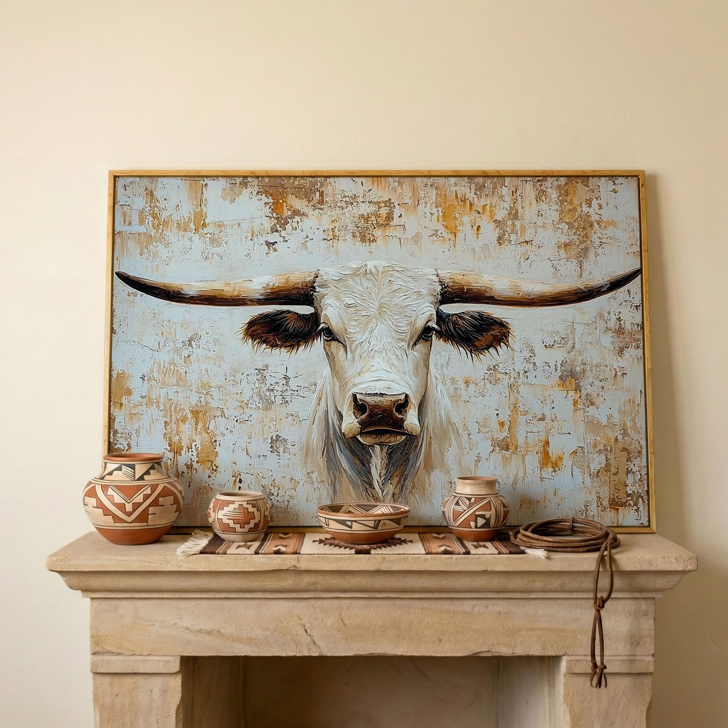 White Longhorn Bull Close-Up Canvas Wall Art in white oak floating frame