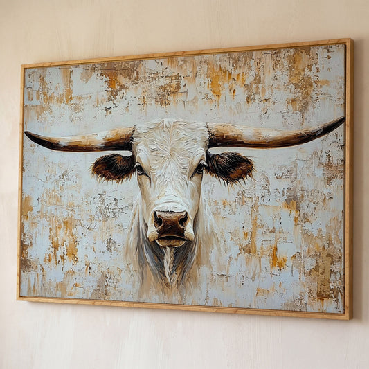 White Longhorn Bull Close-Up Canvas Wall Art shown in white oak floating frame